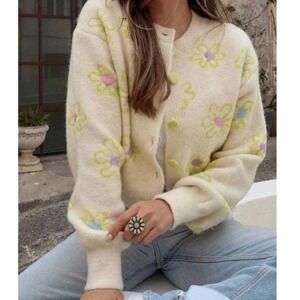 Zara  Floral Cardigan Pastel Floral Button Sweater Small y2k cottage fairy daint